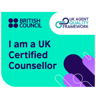 British Council UK Certified Counsellor badge with a modern design.